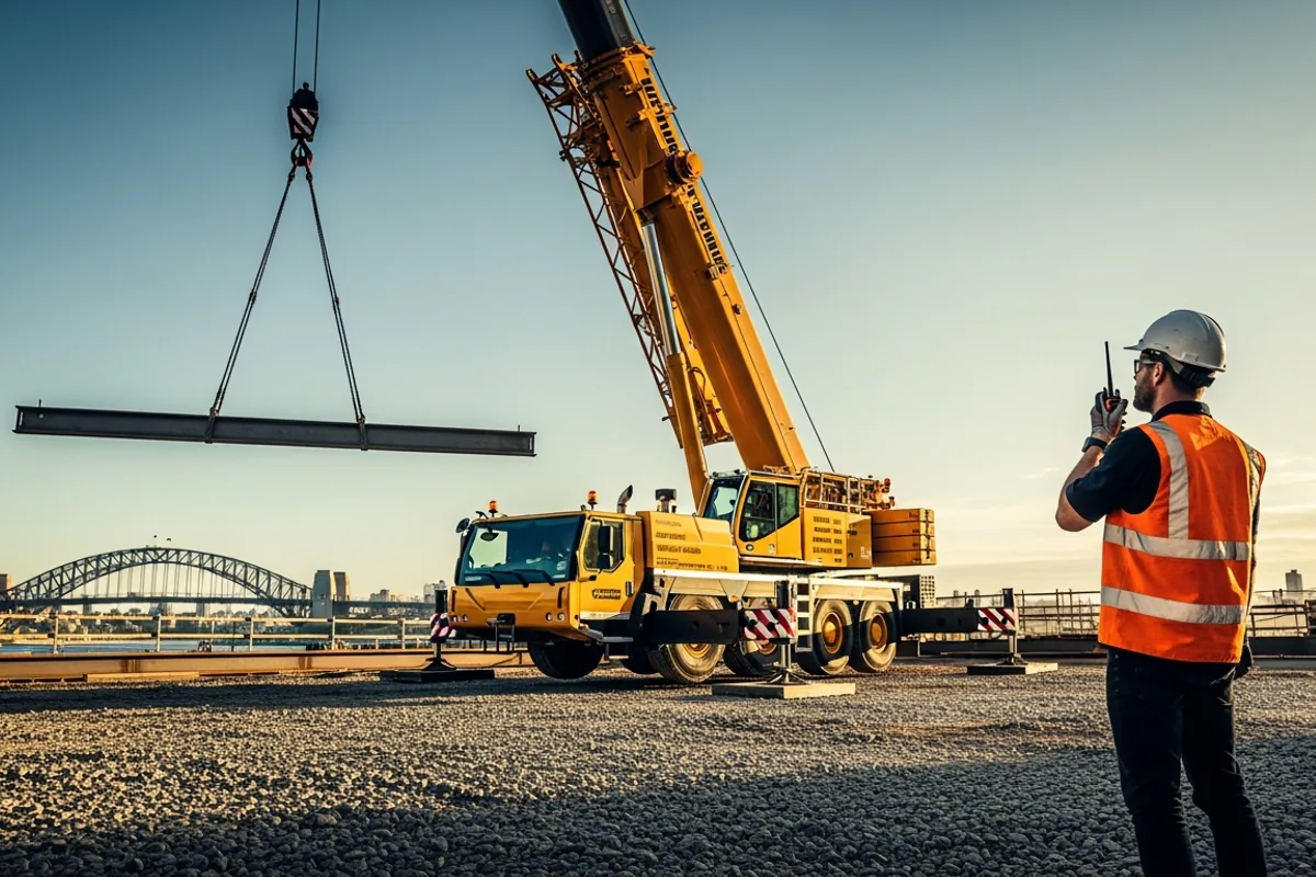 Professional mobile crane lifting steel beam on Sydney construction site with worker in safety gear