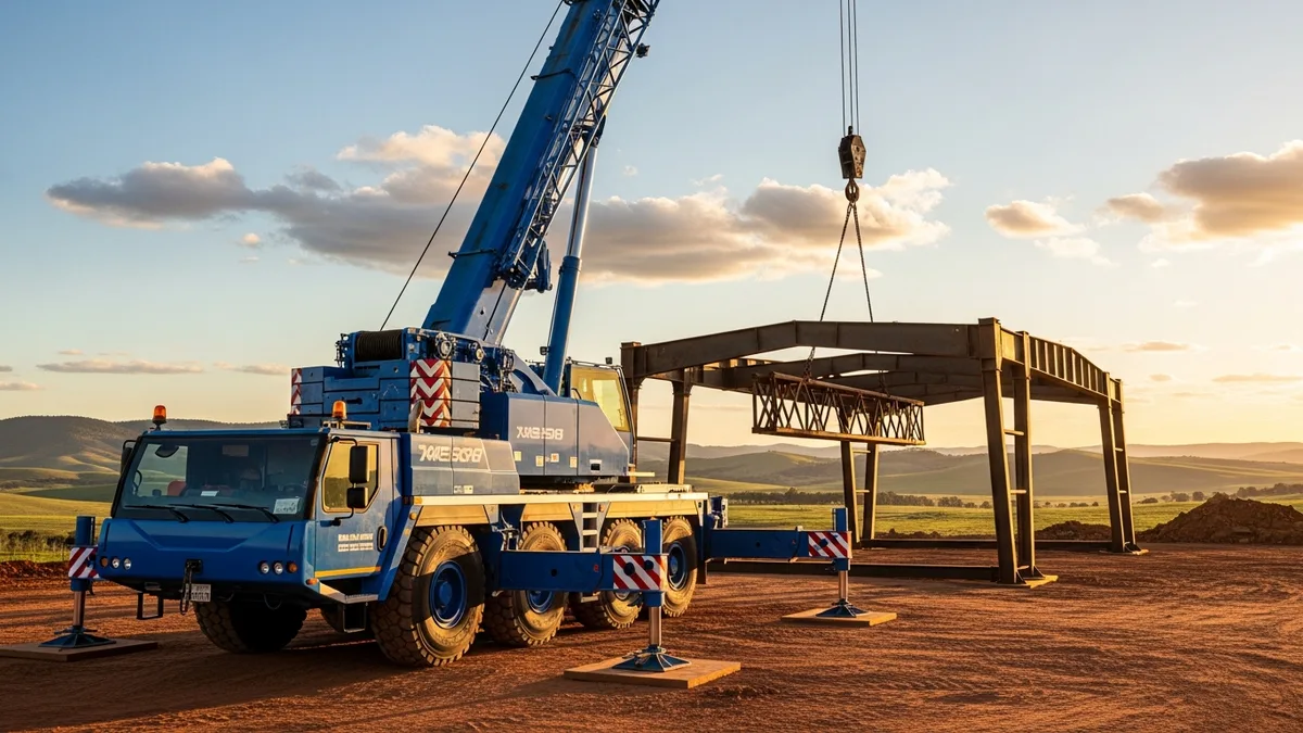 All terrain crane with outriggers extended lifting steel on remote Australian construction site