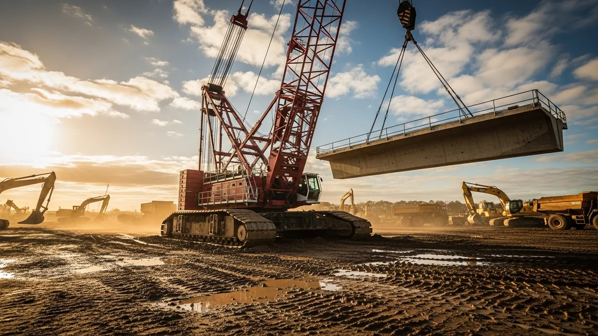 Large crawler crane lifting concrete bridge section at infrastructure construction site
