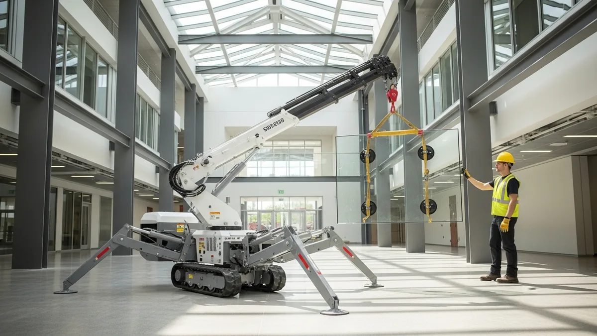 Mini spider crane lifting glass panel inside modern building atrium